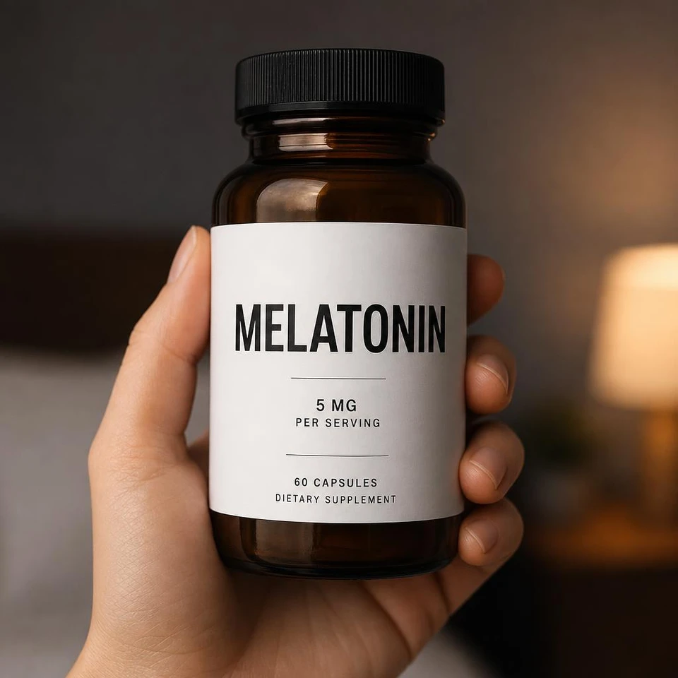 A hand holding a melatonin bottle