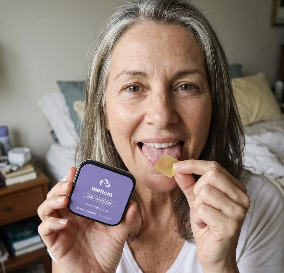 A woman holding Meltem strips and placing one on her tongue